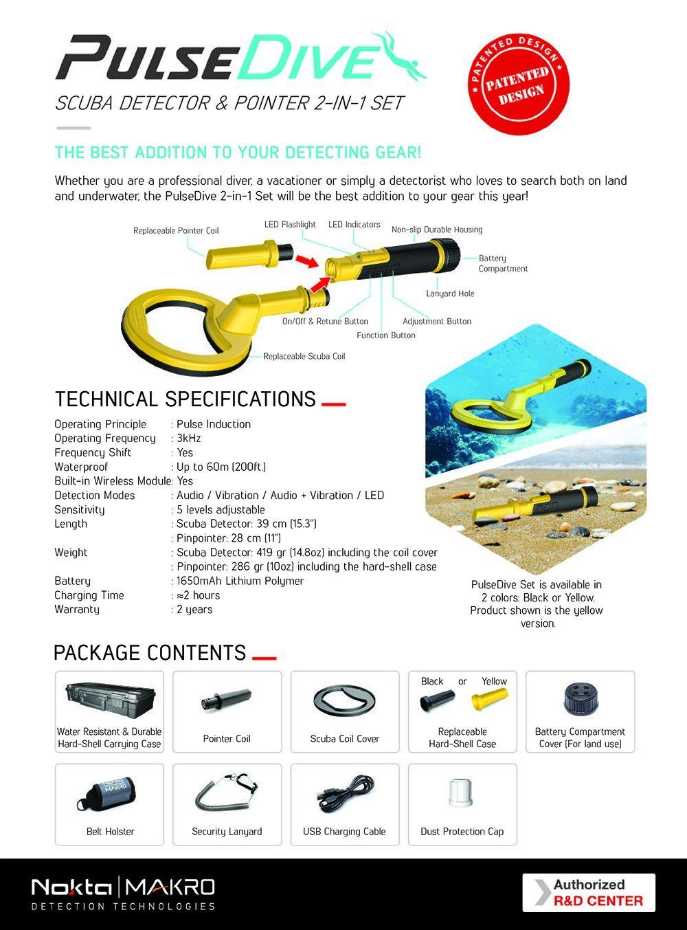 PulseDive Scuba Detector convertible to Pointer (2-in-1 Set) Waterproof up to 200 ft! Nokta MAKRO Metal Detectors NOKTA MAKRO