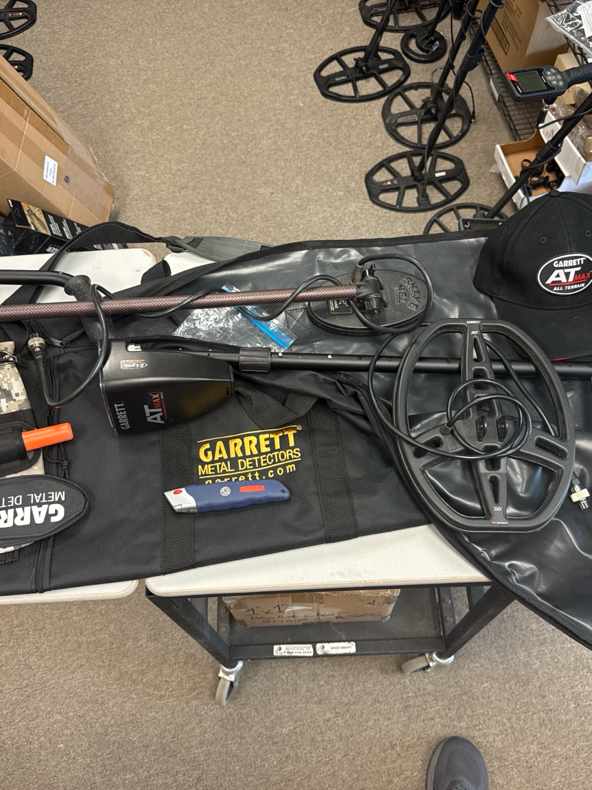 Used once Garrett AT Max Loaded Metal Detector Package with NEL Snake Coil & Z-Lynk Pro-Pointer