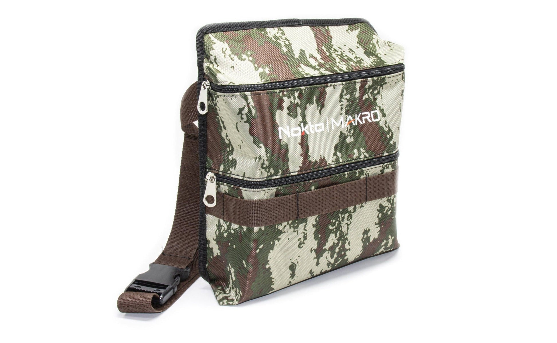 Nokta Makro camouflage finds pouch rear view with zippered compartments and belt