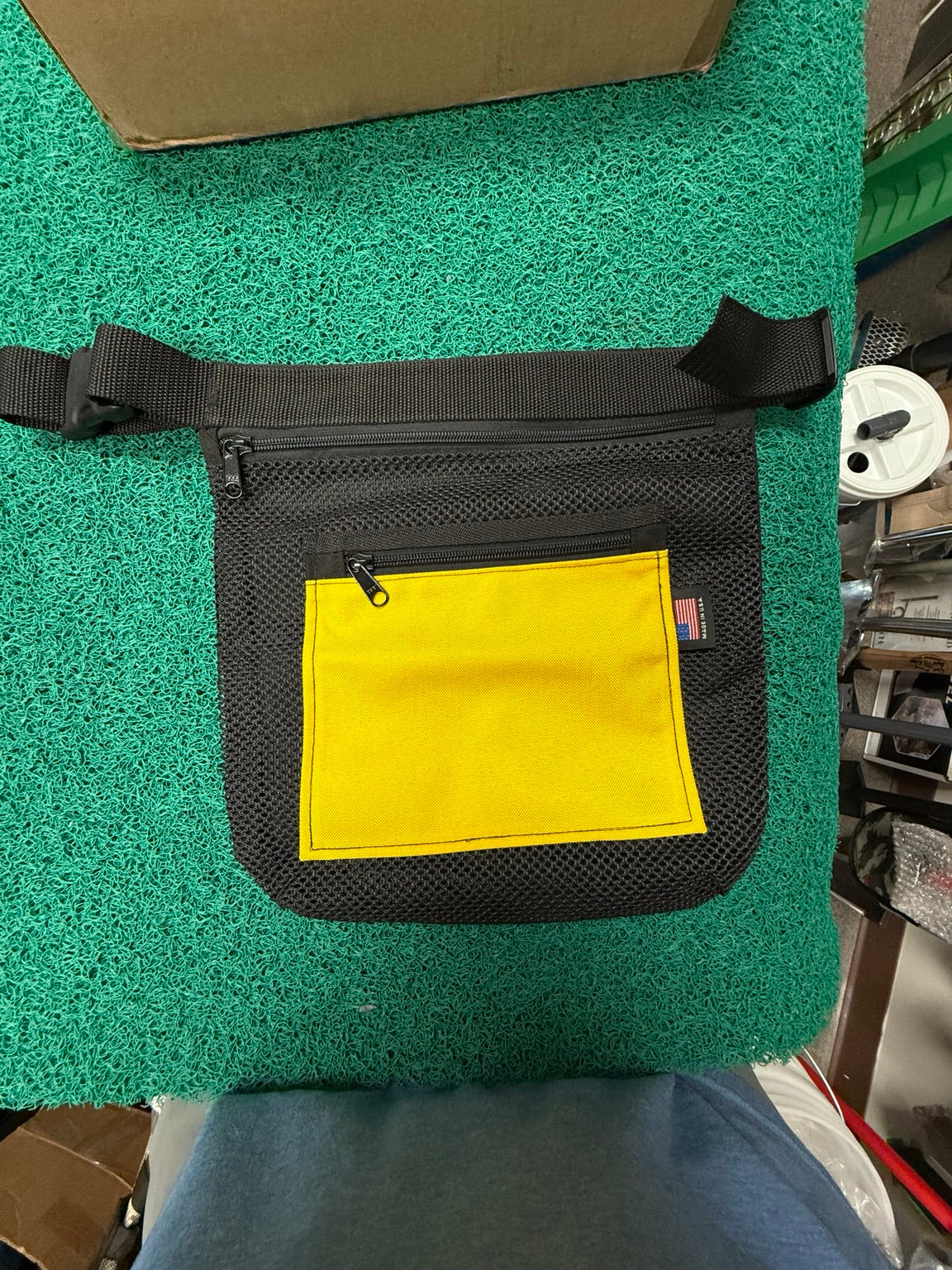 Large USA-made black mesh dive recovery bag with yellow zippered pocket