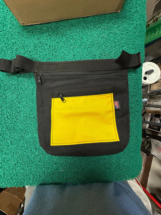 Large USA-made black mesh dive recovery bag with yellow zippered pocket