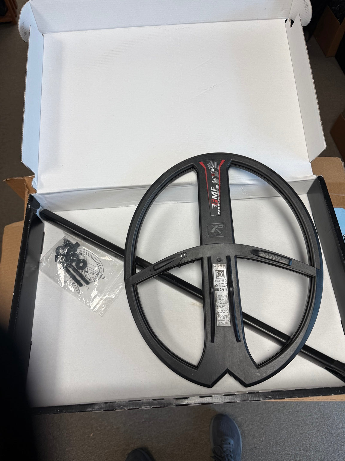 Actual returned XP DEUS II 13 x 11 FMF coil with lower stem, hardware and original box